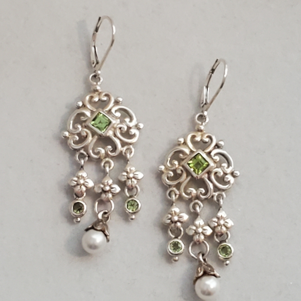 Sterling Silver Chandelier Earrings with Peridots and Pearls - Picture 3 of 16